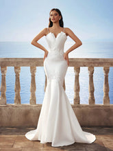 New Satin Sexy Spaghetti Strap V-Neck Fitted Fishtail Trailing Wedding Dress White